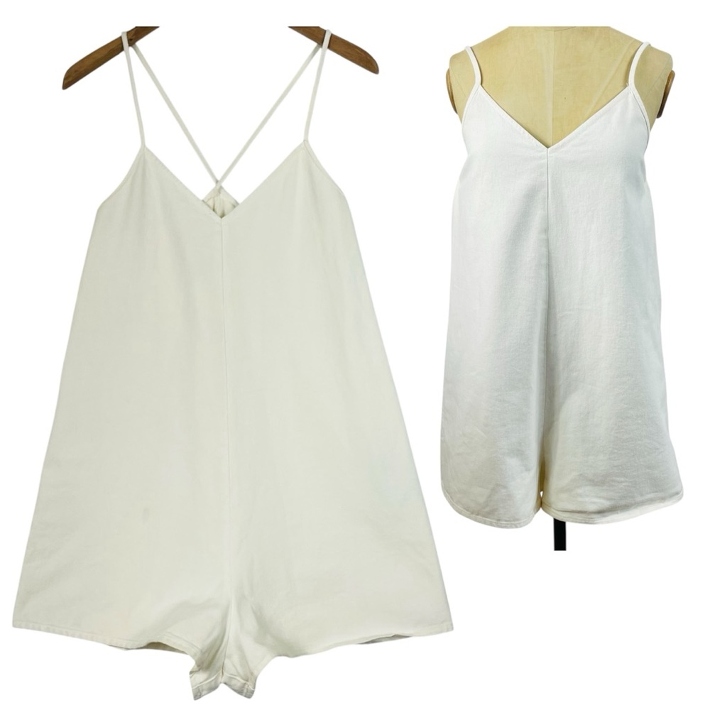 NWT Zara Denim Romper White Large Shorts Loose Minimal